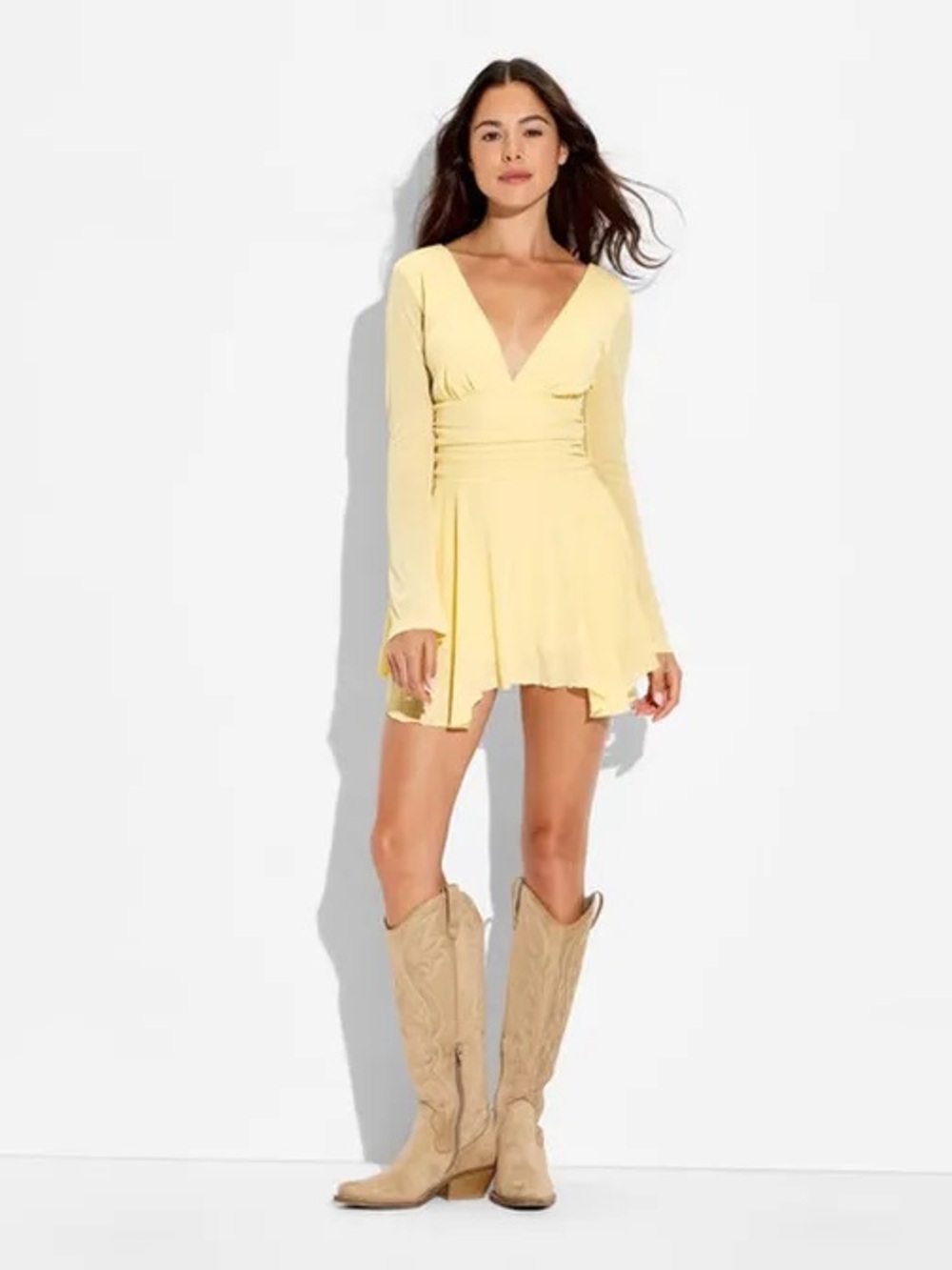 Wild Fable Yellow Long Sleeve Ruched Waist Open Back Romper Dress Size Large